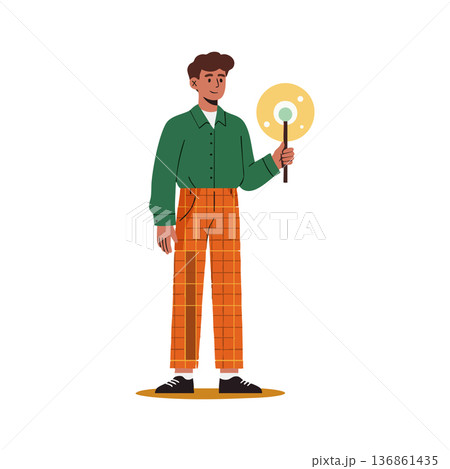 Young man holding glowing light circle illustration with orange plaid pants and green shirt vector 136861435