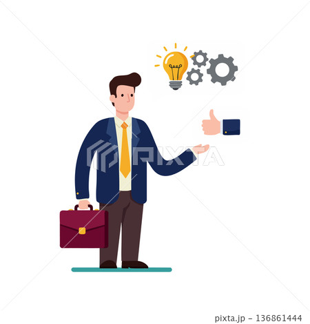 Businessman with briefcase giving thumbs up next to idea light bulb and gears vector illustration 136861444