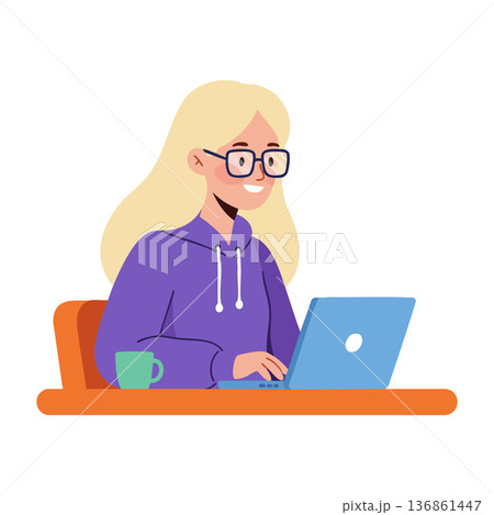 Young woman working on laptop with purple hoodie and glasses vector illustration 136861447