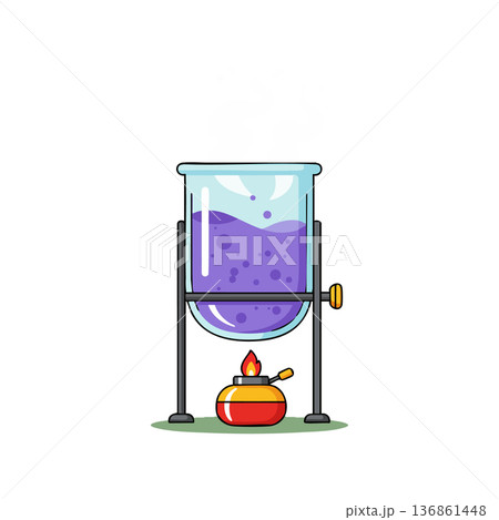 Laboratory glass beaker with purple liquid boiling on Bunsen burner vector illustration Laboratory glass beaker with purple liquid boiling on Bunsen burner vector illustration 136861448