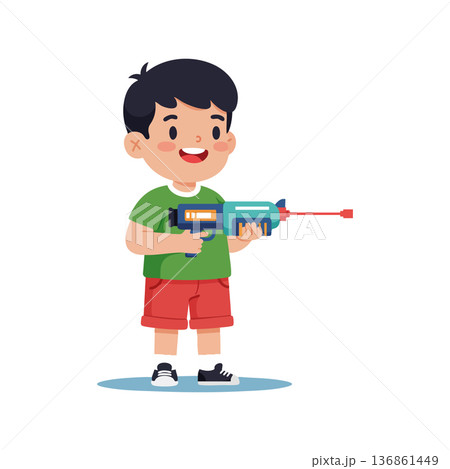 Boy playing with blue water gun in green shirt and red shorts vector illustration 136861449