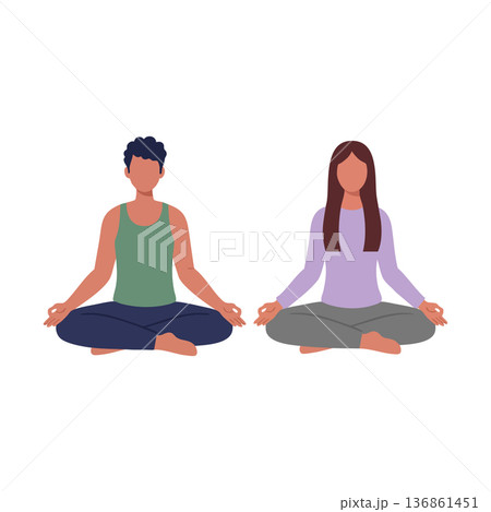 Two People Meditating in Lotus Pose for Relaxation and Mindfulness Practice Vector Illustration 136861451
