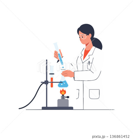 Female scientist conducting chemical experiment with test tubes and burner in laboratory vector illustration Female scientist conducting chemical experiment with test tubes and burner in laboratory vector illustration 136861452