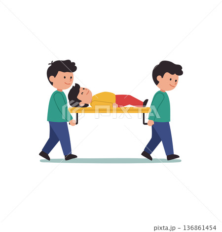 Two Boys Carrying Person on Stretcher Illustration in Flat Design Style 136861454