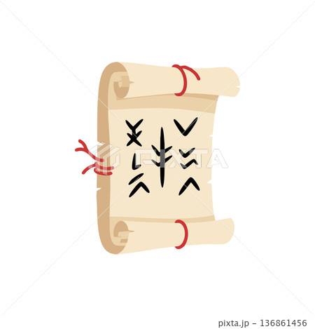 Ancient Scroll with Symbols and Red Ribbons Vector Illustration Artwork 136861456