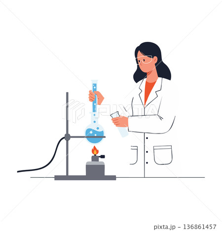 Female scientist conducting chemistry experiment with blue liquid in laboratory vector illustration Female scientist conducting chemistry experiment with blue liquid in laboratory vector illustration 136861457