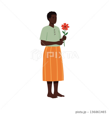 Person holding red flower standing barefoot in orange skirt and green shirt vector illustration Person holding red flower standing barefoot in orange skirt and green shirt vector illustration 136861465