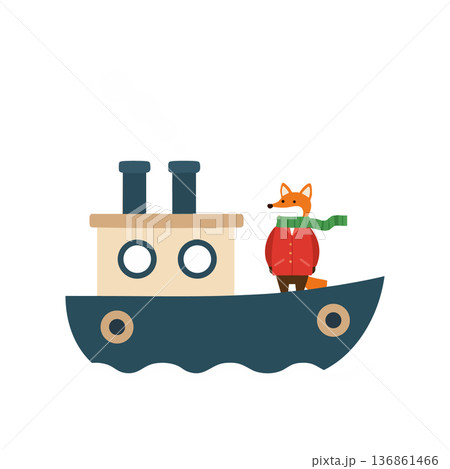 Fox wearing scarf on blue and beige boat vector illustration in simple style Fox wearing scarf on blue and beige boat vector illustration in simple style 136861466