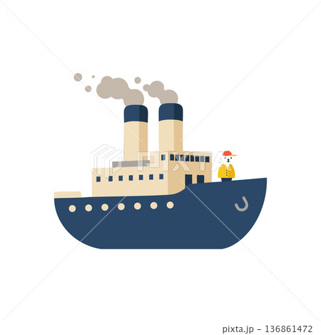 Steamship with chimneys and captain in flat vector style transport illustration 136861472
