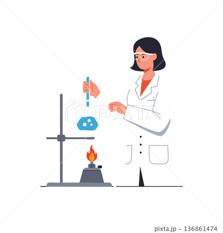 Female scientist performing chemical experiment with lab equipment in white coat vector illustration 136861474