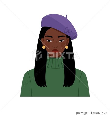 Woman wearing purple beret and green sweater portrait vector illustration with earrings 136861476
