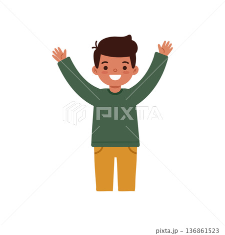 Happy young boy smiling with raised arms wearing green sweater and brown pants vector illustration 136861523