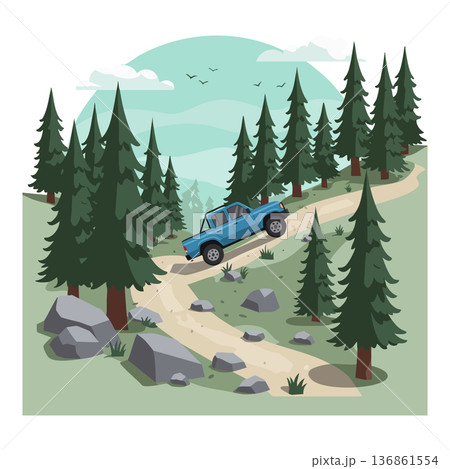 Blue pickup truck driving up rocky forest hill with pine trees in natural landscape vector illustration 136861554