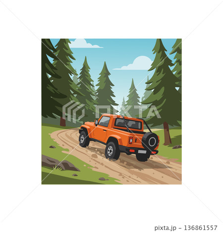 Orange off-road vehicle driving on dirt road surrounded by tall pine trees in forest vector illustration 136861557