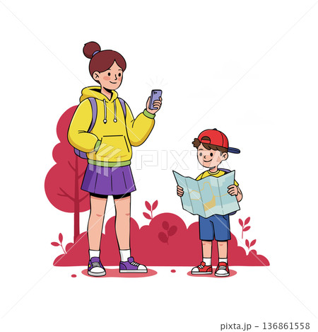 Young woman and boy exploring outdoors with map and smartphone casual hiking adventure vector illustration 136861558