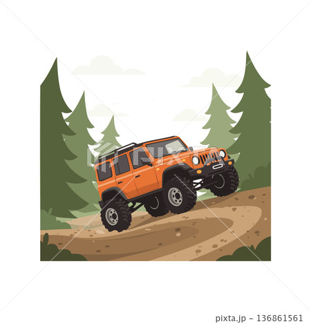 Off-road orange suv climbing muddy hill in pine forest adventure vehicle illustration Off-road orange suv climbing muddy hill in pine forest adventure vehicle illustration 136861561