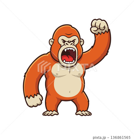 Angry cartoon orange gorilla roaring with raised fist expressing power and aggression in vector style illustration Angry cartoon orange gorilla roaring with raised fist expressing power and aggression in vector style illustration 136861565