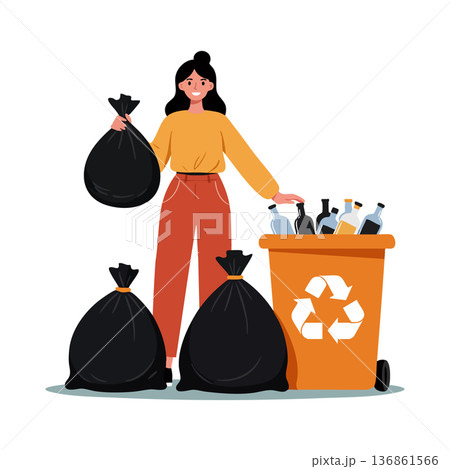Woman collecting trash and recycling bottles in an orange bin with black garbage bags for waste management and environmental care 136861566