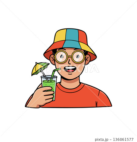 Young man wearing colorful bucket hat drinking cocktail with umbrella and straw summer vacation style vector illustration Young man wearing colorful bucket hat drinking cocktail with umbrella and straw summer vacation style vector illustration 136861577