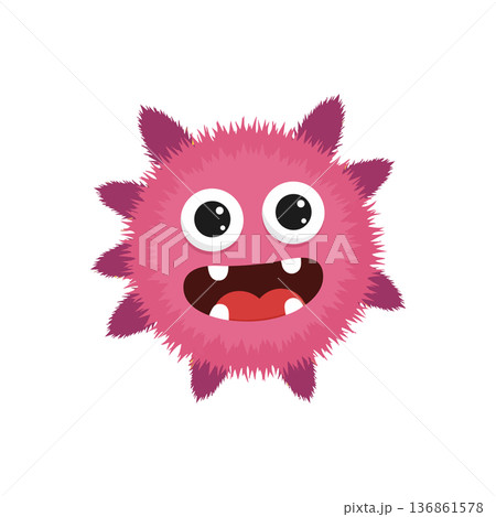 Cute pink fluffy monster character with big eyes and open mouth happy expression vector design 136861578
