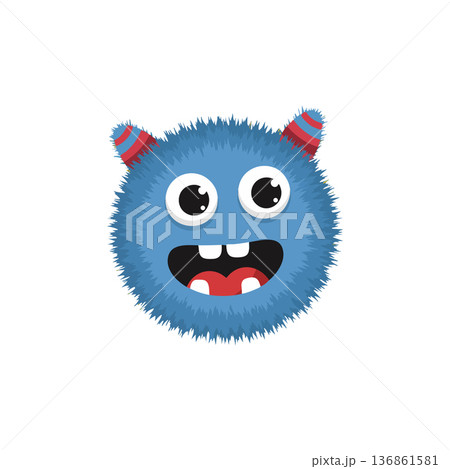 Blue Furry Monster Cartoon Face with Big Eyes and Striped Ears Vector Illustration for Kids Designs and Fun Characters 136861581