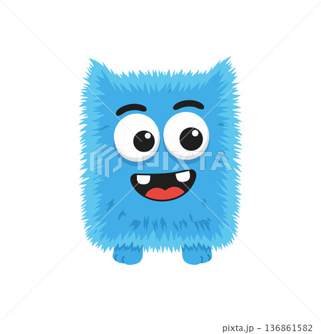 Blue furry cartoon monster character with big eyes and happy smile vector illustration 136861582