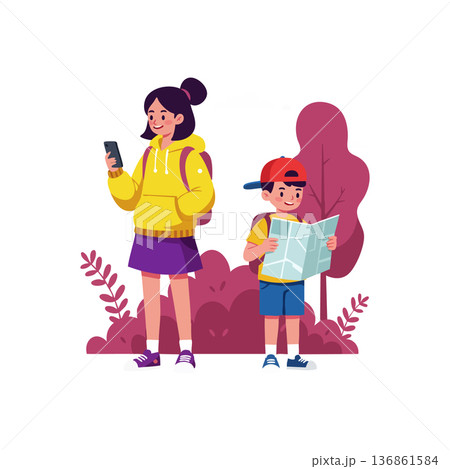 Children exploring outdoors with smartphone and map navigation in casual clothes enjoying nature walk Children exploring outdoors with smartphone and map navigation in casual clothes enjoying nature walk 136861584