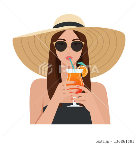 Woman in large sunhat sipping orange cocktail drink with sunglasses summer vacation vector illustration 136861593