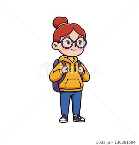 Girl with red hair wearing glasses and yellow hoodie carrying purple backpack standing confidently vector illustration Girl with red hair wearing glasses and yellow hoodie carrying purple backpack standing confidently vector illustration 136861604