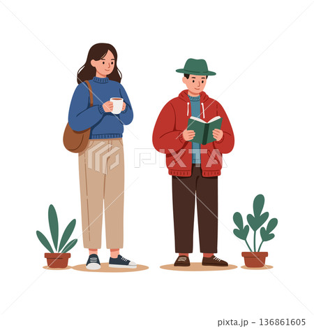 Young man reading book and woman drinking coffee casual autumn outdoor leisure activity vector illustration Young man reading book and woman drinking coffee casual autumn outdoor leisure activity vector illustration 136861605