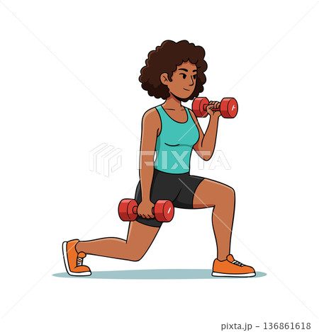 Woman exercising with dumbbells performing lunges in athletic wear for fitness and strength training vector illustration 136861618