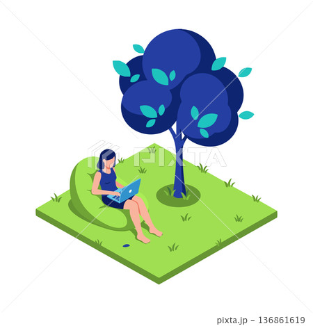 Woman sitting outdoors on bean bag chair working on laptop under blue tree in green grass vector illustration Woman sitting outdoors on bean bag chair working on laptop under blue tree in green grass vector illustration 136861619