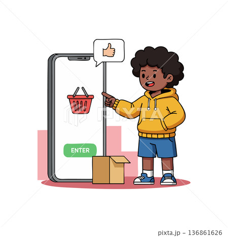 Boy using smartphone for online shopping with delivery box and approval icon in cartoon style vector illustration Boy using smartphone for online shopping with delivery box and approval icon in cartoon style vector illustration 136861626