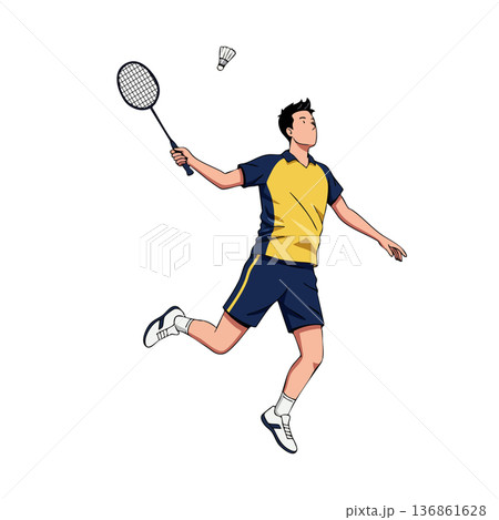 Male badminton player jumping hitting shuttlecock with racket in sports action vector illustration 136861628