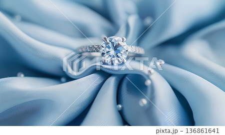 close-up shot of an engagement ring placed on top of soft blue fabric, creating a romantic and serene atmosphere. 136861641