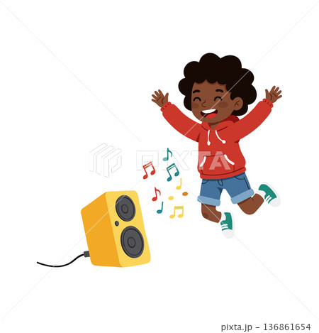 Happy boy jumping with joy listening to music from yellow speaker vector illustration 136861654