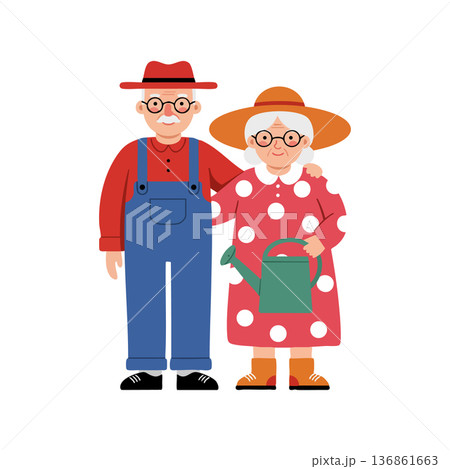 Elderly couple gardening together with watering can and hats in colorful clothes vector illustration Elderly couple gardening together with watering can and hats in colorful clothes vector illustration 136861663