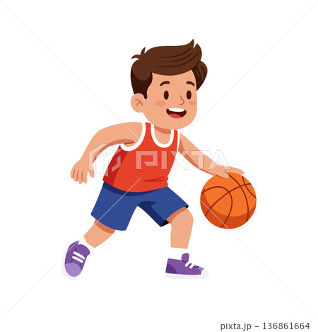 Boy playing basketball dribbling orange ball in sports activity with casual outfit and purple shoes vector illustration 136861664