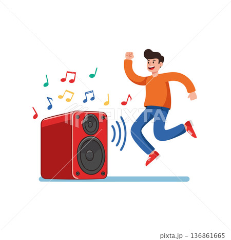 Young man dancing happily to music from large red speaker colorful notes vector illustration 136861665