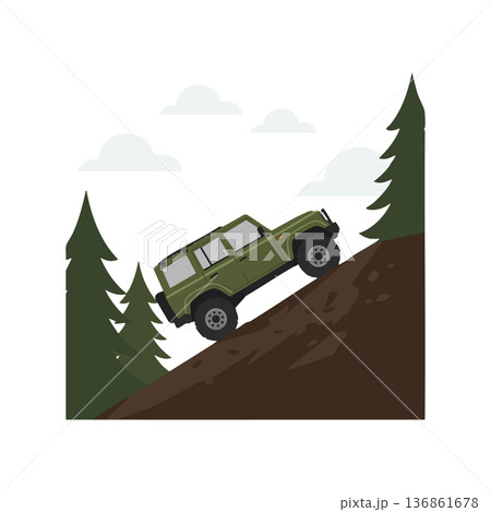 Off-road green SUV climbing steep brown hill surrounded by pine trees vector illustration 136861678
