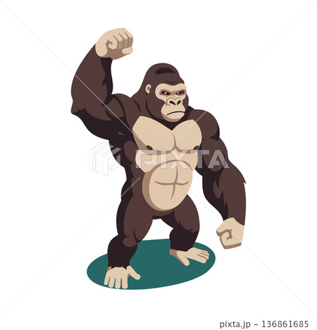 Strong gorilla standing and raising fist muscular wild animal vector illustration in bold pose 136861685