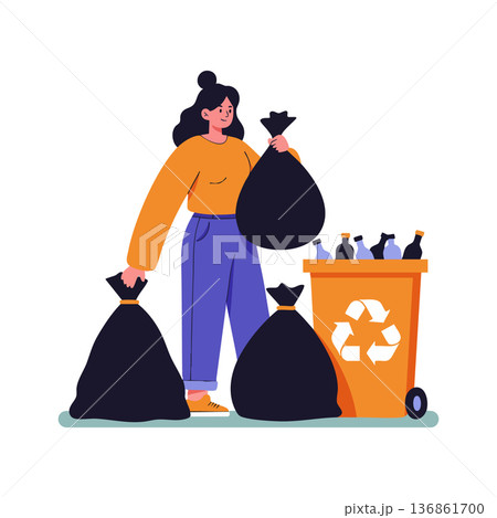 Woman carrying black garbage bags near orange recycling bin with plastic bottles and recycling symbol vector illustration Woman carrying black garbage bags near orange recycling bin with plastic bottles and recycling symbol vector illustration 136861700