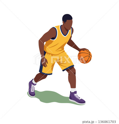 Basketball player dribbling ball in yellow uniform with purple shoes vector illustration for sports design and active lifestyle 136861703
