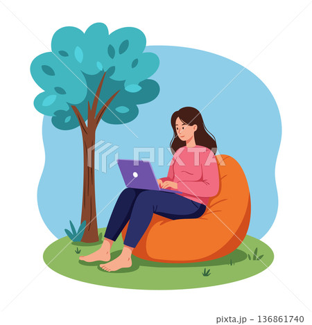 Woman working on laptop sitting on orange bean bag under tree outdoor leisure activity vector illustration Woman working on laptop sitting on orange bean bag under tree outdoor leisure activity vector illustration 136861740