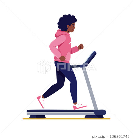 Woman running on treadmill wearing pink hoodie and navy pants fitness exercise vector illustration 136861743