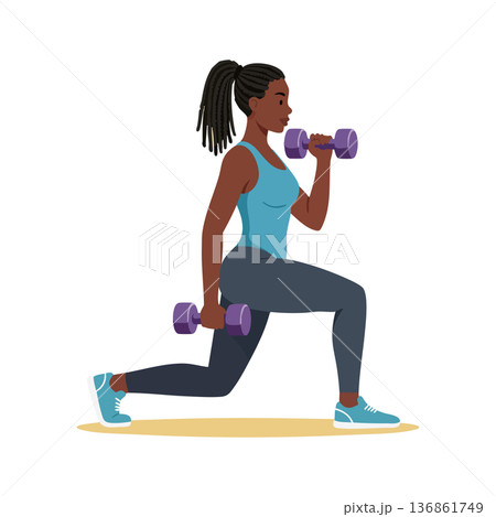 Woman exercising with dumbbells doing lunges for fitness and strength training in activewear 136861749