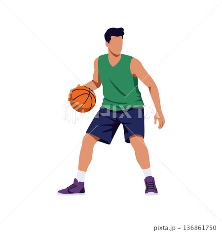 Male basketball player dribbling ball in green jersey and navy shorts vector illustration Male basketball player dribbling ball in green jersey and navy shorts vector illustration 136861750
