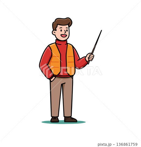 Man with pointer stick teaching or presenting in casual outfit vector illustration Man with pointer stick teaching or presenting in casual outfit vector illustration 136861759