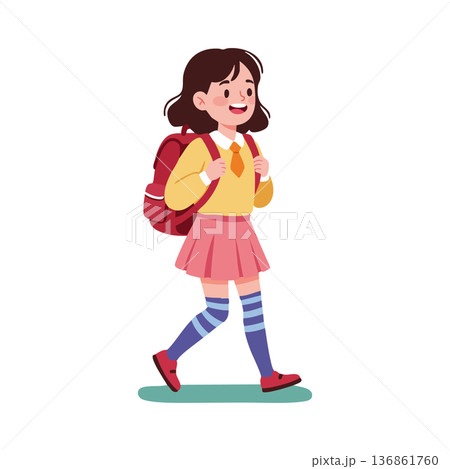 Schoolgirl walking with red backpack wearing yellow sweater and pink skirt cheerful vector illustration 136861760