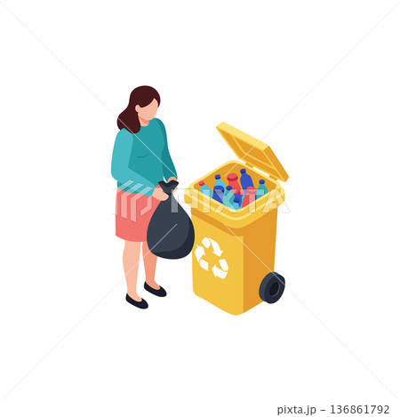 Woman recycling plastic bottles by yellow bin promoting environmental awareness and waste management sustainability vector illustration Woman recycling plastic bottles by yellow bin promoting environmental awareness and waste management sustainability vector illustration 136861792